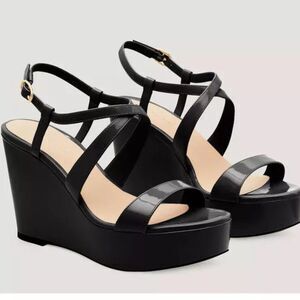 New Stuart Weitzman Ave 75 Black Patent Wedge Sandals